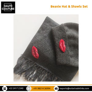 Unisex Hand Embroidered Beads & <b>Sequins</b> Made Lips Design Beanie Hat & Shawls Set for Adults for Winter Wear - Product Image 5
