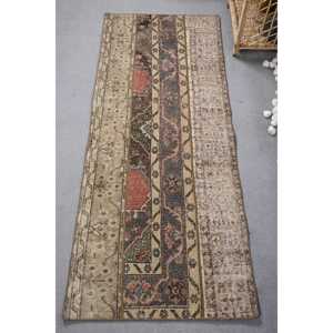 พรมวินเทจขนาด 2.4x5.9 ฟุต พรมตุรกี พรมขนสัตว์ลายทางสีเบจ - Product Image 1