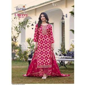 Nueva descarga de seda modal impresa con bordado Top Pant Dupatta Set Lanzamiento en línea para la venta por exportación - Product Image 1