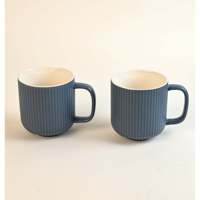 Nouvel ensemble de tasses à café en porcelaine fine bleue, 0 % de cendres osseuses, style américain, 2 tasses de 14 oz, compatibles lave-vaisselle et micro-ondes, rayées, cadeau de luxe, Inde