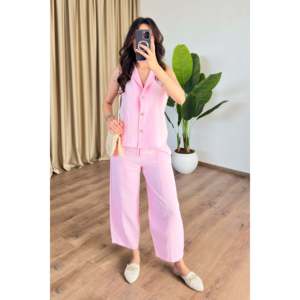 <b>Linen</b> Carrot Pants and Vest Pink Wholesale <b>Set</b> - Pink - Product Image 1