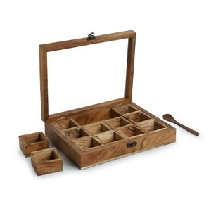 Medley of Masalas 12 Container Modern Design Dust Resistant Brown Teak Wood <b>Spice</b> Box with Spoon - Product Image 4