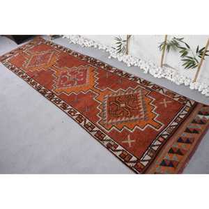 3.1x11.2 ft Vintage Herki Rug, Turkish Rug, <b>Red</b> Check <b>Wool</b> Rug - Product Image 4