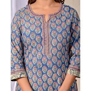 Conjunto de Kurta y Pantalón de Algodón con Estampado Blue Butta Block, Estilo Étnico Pakistaní-Indio, Ropa de Fiesta para Niñas, Bordado y Redecilla Cosida - Product Image 2