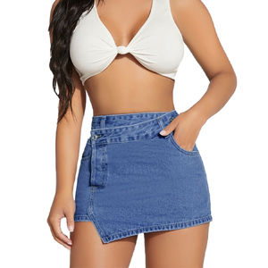 กางเกงยีนส์ขาสั้นเอวกลางทรงเอซิมเมตริก ผ้าทอ ระบายอากาศได้ดี กันยับ แห้งเร็ว ยืดได้ 4 ทิศทาง มีซิปและเชือกผูกเอว - Product Image 1