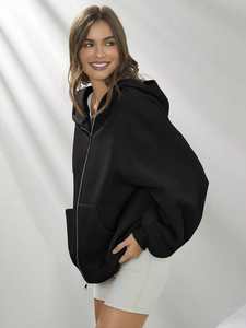 Sweat à capuche zippé surdimensionné noir uni femmes coton polaire goutte épaule manches longues décontracté Streetwear sweat vêtements d'hiver - Product Image 3