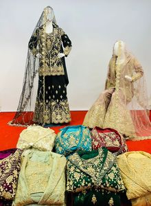 Winter Pakistani Bride Collection Jarkan Stone <b>Cot</b> Dress Heavy Bridal Blazer Net Lehenga Dupatta 9 Colors 5 Designs - Product Image 5
