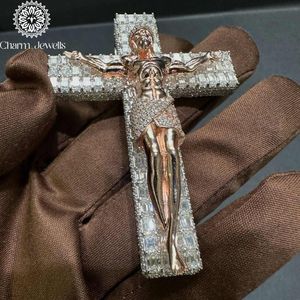 Charm_Jewells Rose <b>Gold</b> Plated 18K <b>Solid</b> <b>Gold</b> Cross <b>Pendant</b> With Moissanite Baguette Cut Channel Setting Christian Charm - Product Image 4