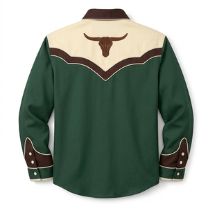 Chemise de cowboy western pour homme à manches longues, broderie sérigraphiée tête de taureau, contraste vert-marron, décontractée, ODM - Product Image 2