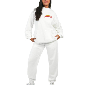 Survêtement surdimensionné pour femme en polyester 100% personnalisé, épaules tombantes, logo imprimé DTF, molleton 320g, ensemble deux pièces uni, capuche, hiver - Product Image 1