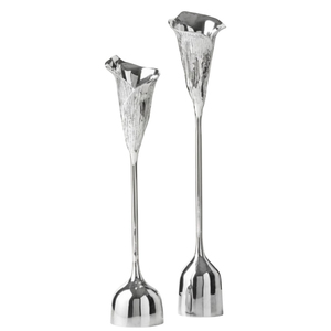 Ensemble de 2 bougeoirs élégants en argent en forme de lys calla, décoration moderne en métal en forme de fleur pour mariage et table à la maison, support de bougeoir - Product Image 1