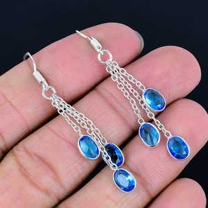 Pendientes colgantes de piedras preciosas de Topacio Azul de plata de ley sólida 925 para mujeres y niñas para fiestas-Joyería de plata - Product Image 1