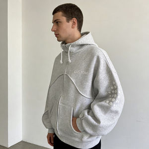 Sweat à capuche décontracté surdimensionné pour homme, gris clair, en coton, avec fermeture éclair, imprimé personnalisé et décor à pois blancs - Product Image 2