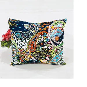 Joypuri Sarung Bantal Berlapis Cetak Katun Murni Dalam Ukuran 16X16 Inci Dalam Desain Warna Biru Paisley Etnik India