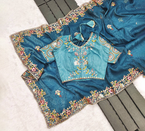 Nuevo y Moderno Saree de Seda con Bordado Pesado de Múltiples Hilos para Mujer, Ideal para Fiestas Formales, Diwali y Bodas, Largo hasta el Suelo - Product Image 1