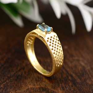 Blue Topaz <b>Ring</b> Minimalist Brass <b>Rings</b> For <b>Men</b> 18k Gold Plated Gemstone Jewelry Geometric Design Wholesale <b>Ring</b> - Product Image 5