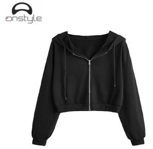 Onstyle Sudadera con capucha de estilo deportivo para mujer Técnica de lavado ácido con cremallera Recortada de manga larga Casual Ligero con capucha Top Streetwear - Product Image 1