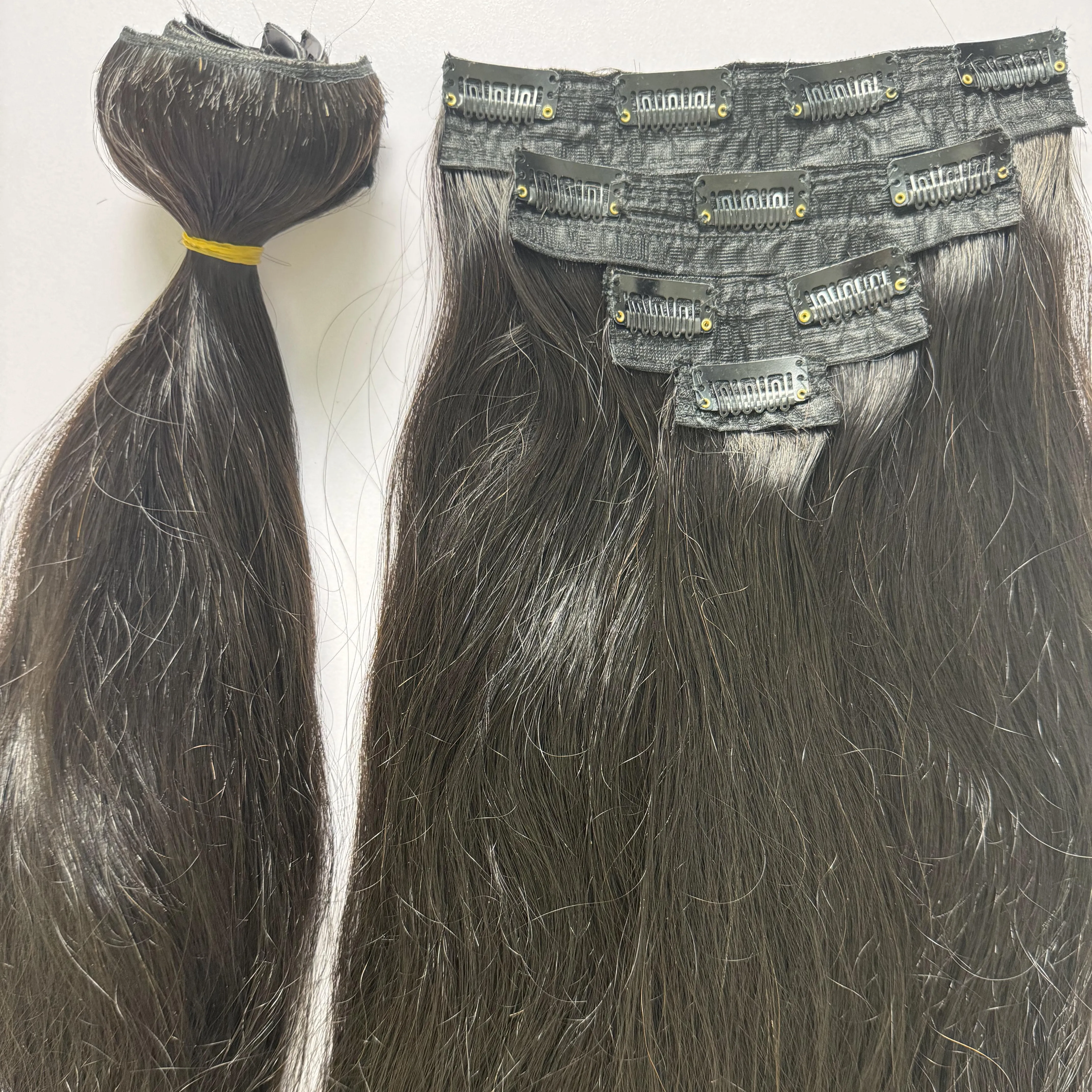 Bán buôn chất lượng hàng đầu 100% Trinh Clip-in màu đen Ấn Độ tóc con người mở rộng
