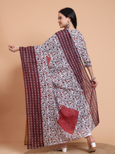 Ensemble kurta anarkali en coton cambric à imprimé floral avec dupatta pour femmes, tenue élégante blanche traditionnelle indienne - Product Image 4