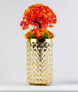 Vase à fleurs en métal fait à la main avec cristal décoration salon chambre Table Top déco 100% perles de cristal faites à la main - Product Image 4