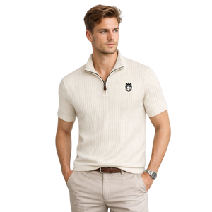 Polo da Uomo in Maglia a Trecce Avorio, Maglieria Premium in Cotone, Manica Corta, Vestibilità Classica, Abbigliamento Casual Elegante - Product Image 1