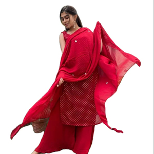 Cómodo uso diario y listo para fiestas Heavy GEORGETTE Bordado Secuencia Trabajo Color rojo Top & Pent con Dupatta para ropa de niñas - Product Image 1