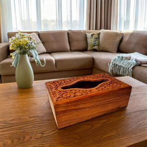 Boîte à mouchoirs décorative vintage en bois d'acacia massif, fabriquée à la main, avec des sculptures complexes, écologique et de qualité supérieure - Product Image 2