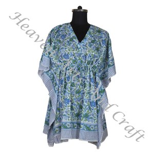 100% algodón Mujer ropa de dormir bloque de mano impreso Kaftan vestido KFCS148 peso ligero mujeres Casual ocasión desgaste corto caftán vestidos - Product Image 6