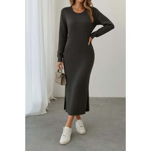 Vestido Midi de Punto con Cuello Redondo y Manga Larga para Mujer de Jane's, con Detalle de Abertura Lateral - Ropa Casual Elegante para el Día a Día - Product Image 4