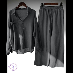 Ensemble coordonné 2 pièces en mélange de coton pour femme 2025 – Chemise coupe classique et pantalon large boutonné, écologique et respirant - Product Image 4