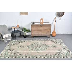 Tapis turc authentique de grande surface 4.1x8.2 pieds Beige Vert Patchwork Design Laine Matériau Latex Support pour chambre d'adolescent Utilisation au chevet - Product Image 1