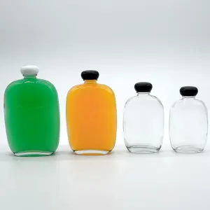 Summer Juice Glass Bottles Full Size Mushroom Shape Clear Flat Flask Bottle with White/Black Screw Sealed Cap