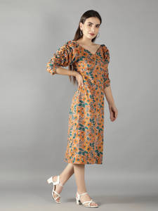 Peach Cobbler Floral <b>Long</b> Voluminous Sleeves <b>Dress</b> With Sweetheart Neckline Fancy One Piece <b>Dress</b> Available at Affordable Price - Product Image 2