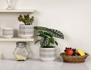 Ensemble de pots de fleurs en céramique blanche de luxe avec motif perforé, porte-plantes durable et respirant pour l'intérieur et l'extérieur - Product Image 4