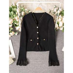 Women's Casual V-Neck <b>Cardigan</b> with Lace Trim and Button Closure - Product Image 3