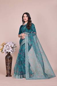 Collection de saris de fête tendance, nouveaux modèles traditionnels à fleurs, imprimés numériquement, en tissu organza, avec broderie Zari, pour femmes - Product Image 3