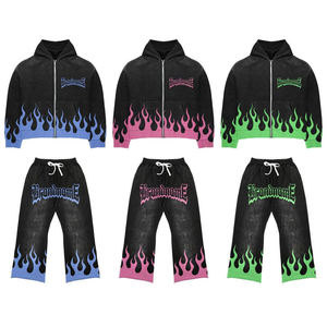 ชุดวอร์มสำหรับผู้ชายกางเกงมีฮู้ดและกางเกงมีขอบแบบสวมหัวผ้าไม่เป็นกรดมีเปลวไฟออกแบบได้ตามต้องการสำหรับงานปักโลโก้ - Product Image 5