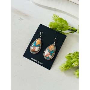 Navajo Handmade Mohave Turquoise & Sterling <b>Silver</b> Drop <b>Earrings</b> Water Drop Shape Pattern - Product Image 3
