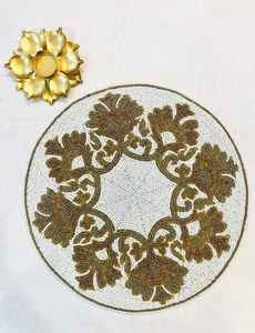 Handmade Glass Beaded Round Table <b>Placemat</b> Silver and Gold with <b>White</b> Beads 14X14 Inches Eco-Friendly American Style - Product Image 3
