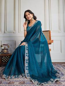 Sari de seda de gasa Fendy suave Premium moderno para bodas y fiestas con bordado completo C Pallu y trabajo Swarovski de secado rápido - Product Image 5