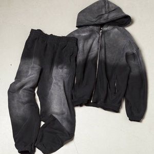 Traje de sudor lavado ácido personalizado de alta calidad, chándales deportivos, chándal grueso desgastado, sudadera con cremallera y conjunto de Jogger para hombres - Product Image 1