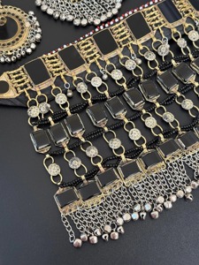 Ensemble de bijoux afghans noirs pour femme, look signature, collier et boucles d'oreilles ajustables en acier inoxydable, Tikka en cristal et strass pour les fêtes - Product Image 5