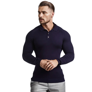 Gingtto Polo à manches longues personnalisé de couleur unie revers simple boutonnage polos pour hommes - Product Image 3