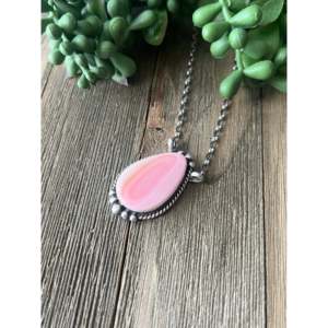 Pink Conch Shell & Sterling <b>Silver</b> Water Drop Necklace Rhodium Plated with Emerald Cut Diamond Accents - Product Image 4