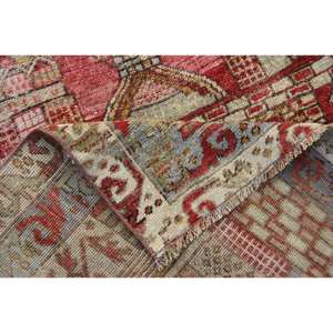 Alfombra turca vintage 3,7x4,8 pies rojo Beige lana hecha a mano Patchwork diseño abstracto látex de 10mm de espesor para adolescentes de entrada - Product Image 2