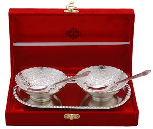 IndianArtVilla Argent Plaqué Or Poli Design Gaufré Ensemble de 2 Bol avec Cuillères et Plateau Maison Hôtel & Restaurant Utilisation - Product Image 1