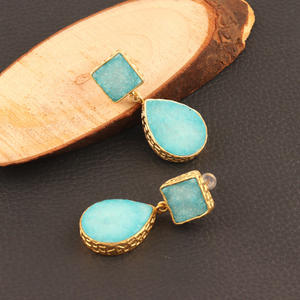 Boucles d'oreilles carrées en forme de poire, Double pierre naturelle, sucre aquatique, Druzy, clou plaqué or, boucles d'oreilles pendantes, cadeau pour elle - Product Image 5