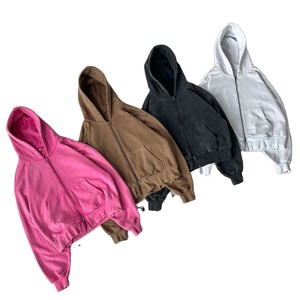 Sweat-shirts à capuche épais à fermeture éclair intégrale, délavés à l'acide, avec broderie appliquée et motifs personnalisés, style vintage, vente en gros - Product Image 4