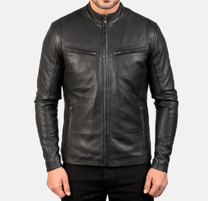 Chaqueta de Cuero Auténtico Negra Entallada con Bolsillos Delanteros y Laterales para Hombre, Cuello Alto, Estilo Motero, Cierre Suave, Servicio OEM - Product Image 3