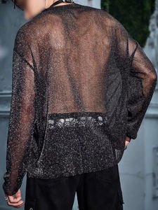 Rhinestone Shiny Sheer Tops <b>See</b> <b>Through</b> High Quality 100% Polyester Glitter Mesh Tee Oversize Rhinestone Black <b>Shirt</b> Tops - Product Image 2